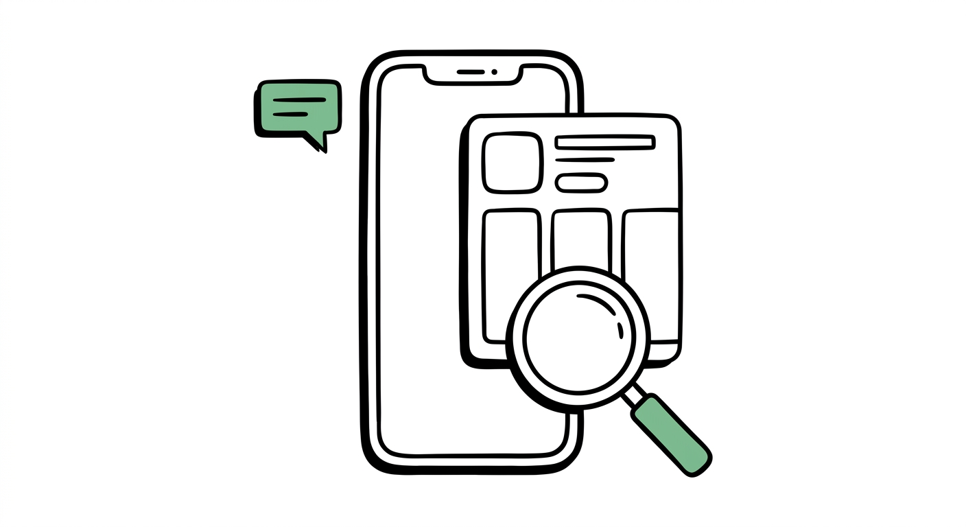 Line illustration of a phone screen being inspected with a magnifying glass